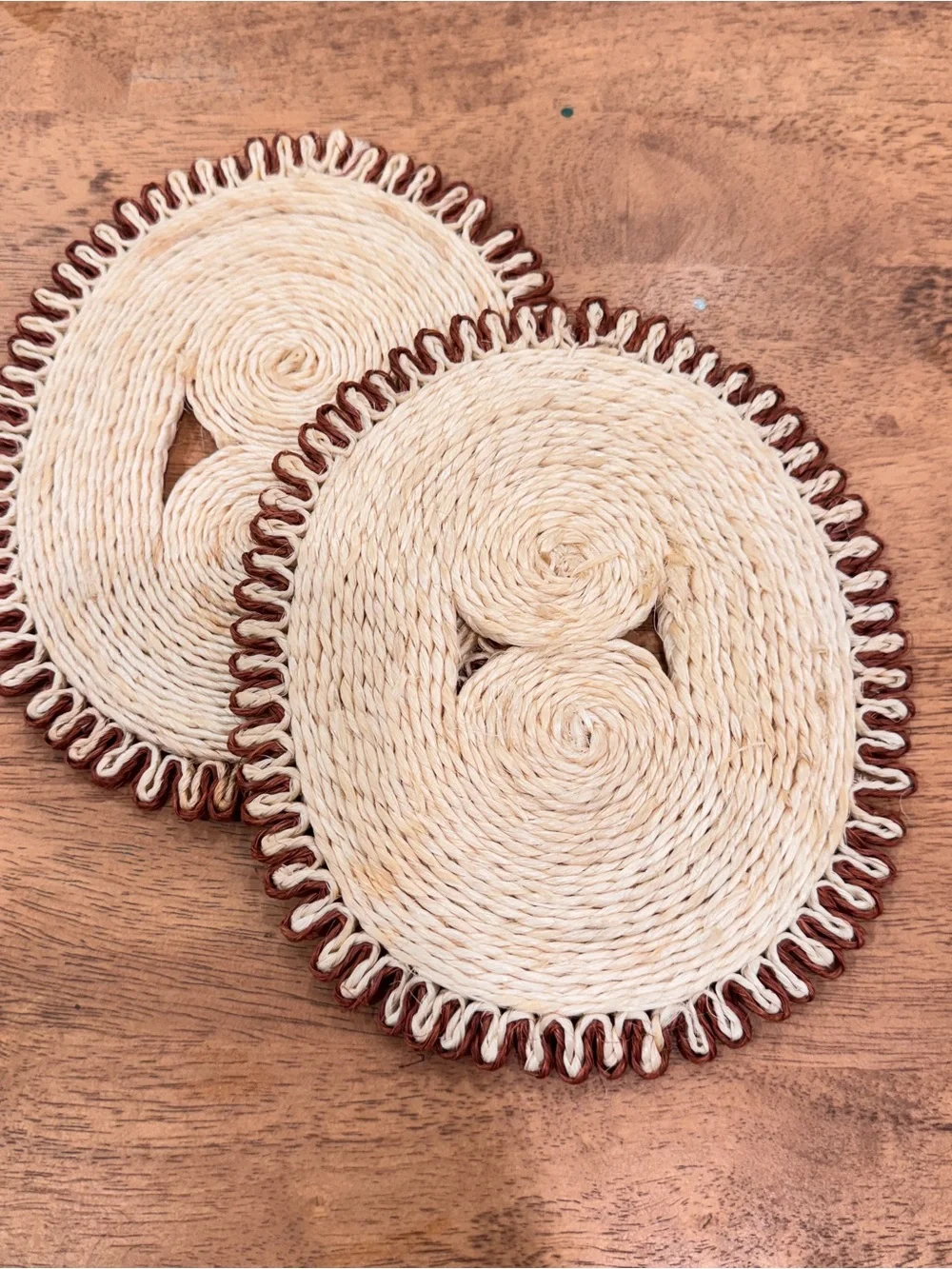 Handcrafted Natural Woven Coasters Set of 2 Oval Brown Scalloped Trim Neutral